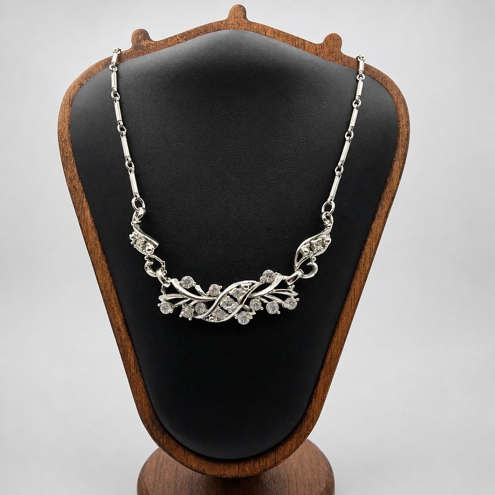 Vintage Silver Tone Clear Rhinestone Floral Spray Bar Link Choker Necklace 14"
